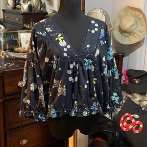 NWT Free People Black Floral Peasant blouse